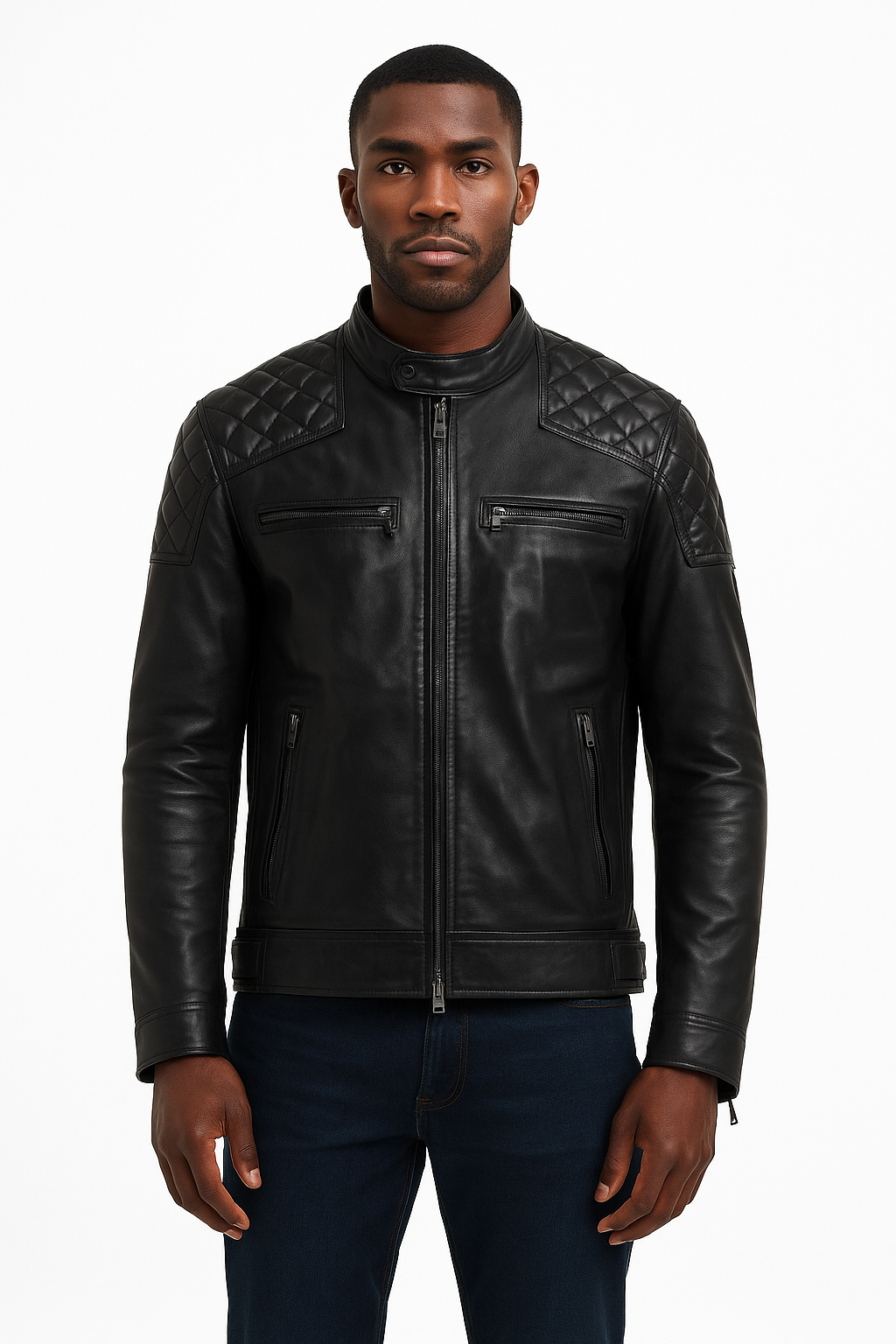 Black lambskin leather biker jacket with quilted shoulders - view 1