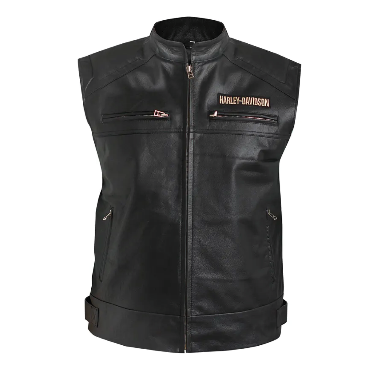 Men's black leather biker vest - front view