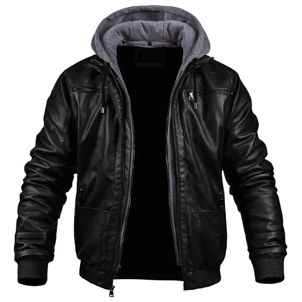 Black hooded leather jacket with gray hood - front view