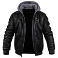Black hooded leather jacket with gray hood - front view