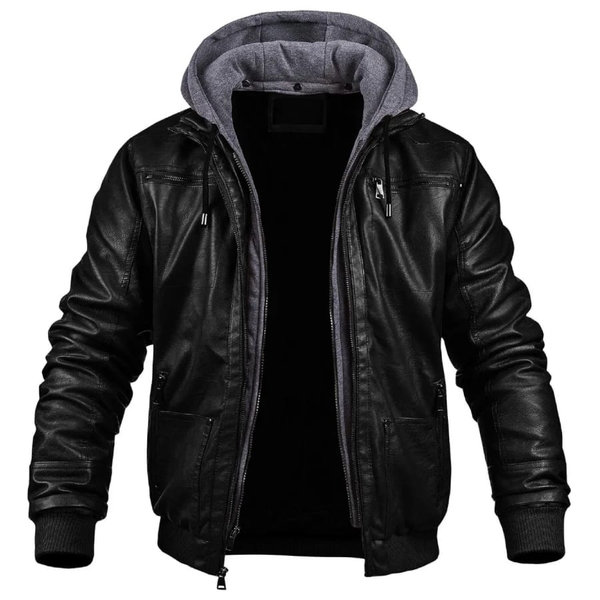 Black hooded leather jacket with gray hood - front view