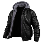 Black hooded leather jacket with gray hood - side view