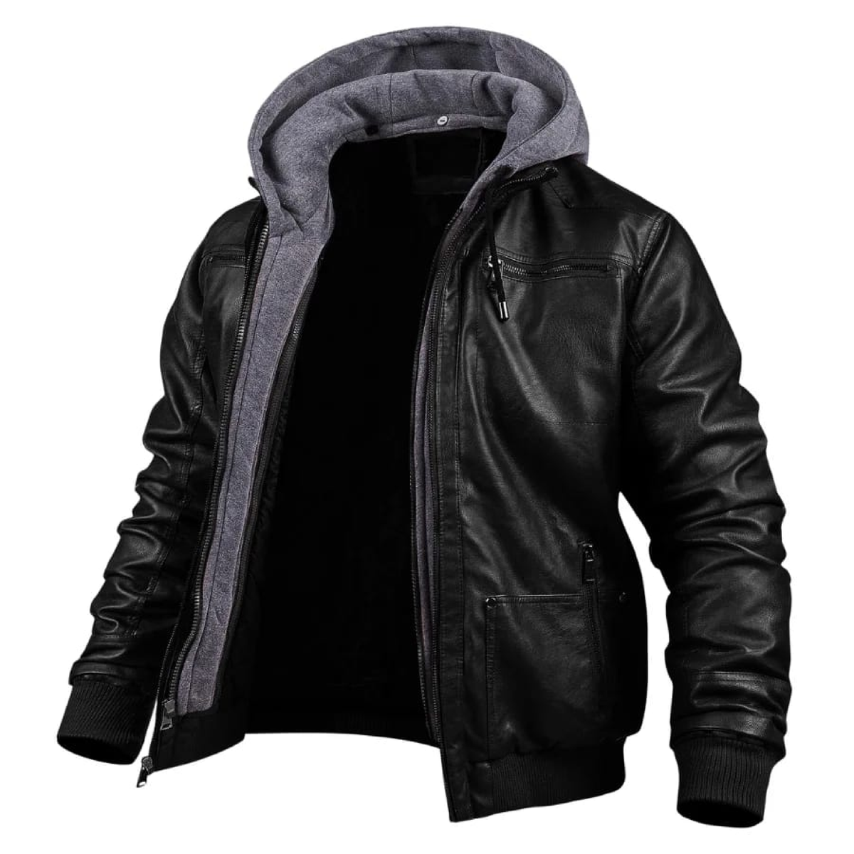 Black hooded leather jacket with gray hood - side view