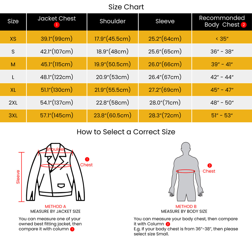 Black hooded leather jacket with gray hood - size chart