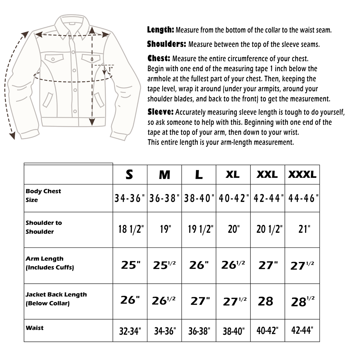 Jackson western leather jacket with shearling collar - size chart