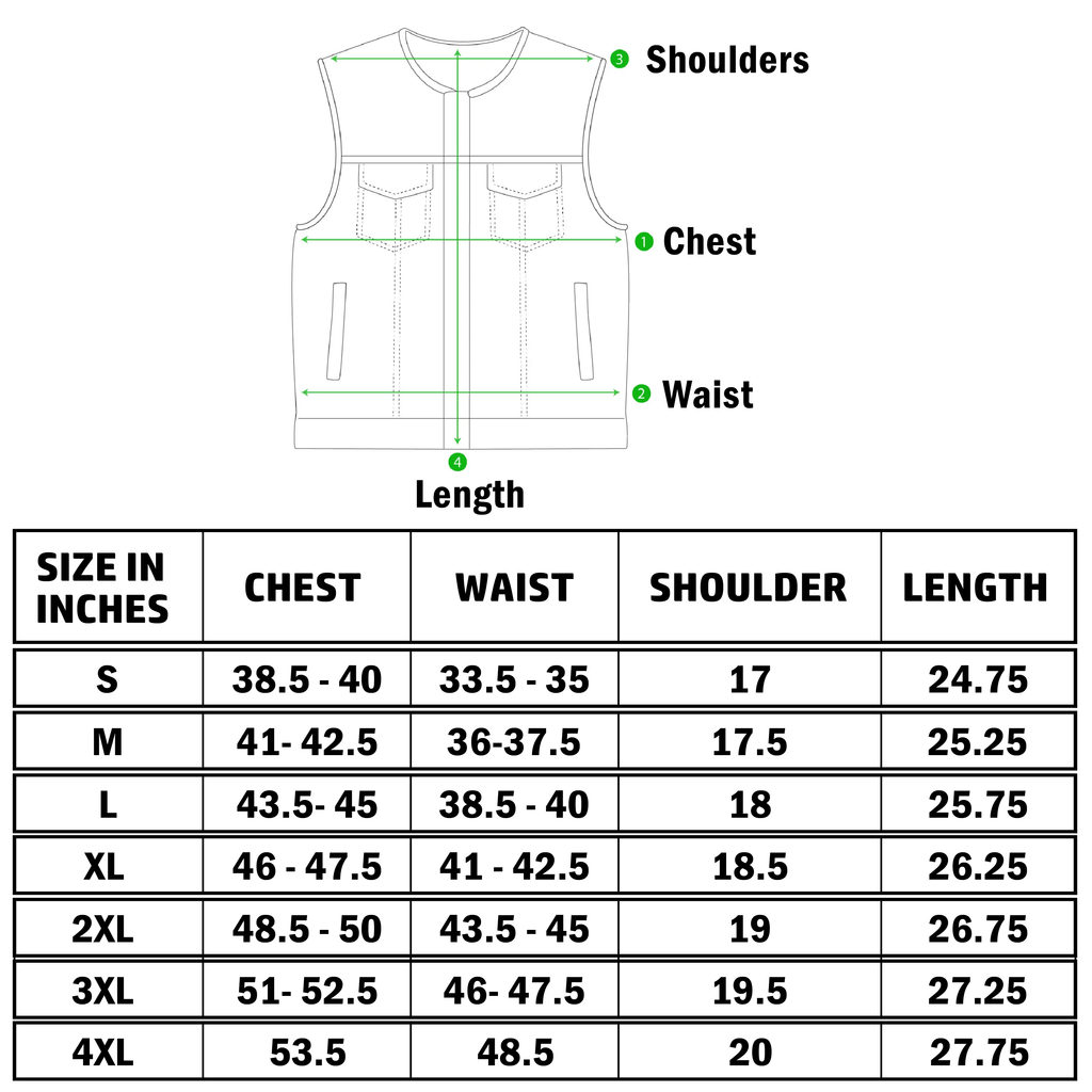 Men's black leather biker vest - size chart