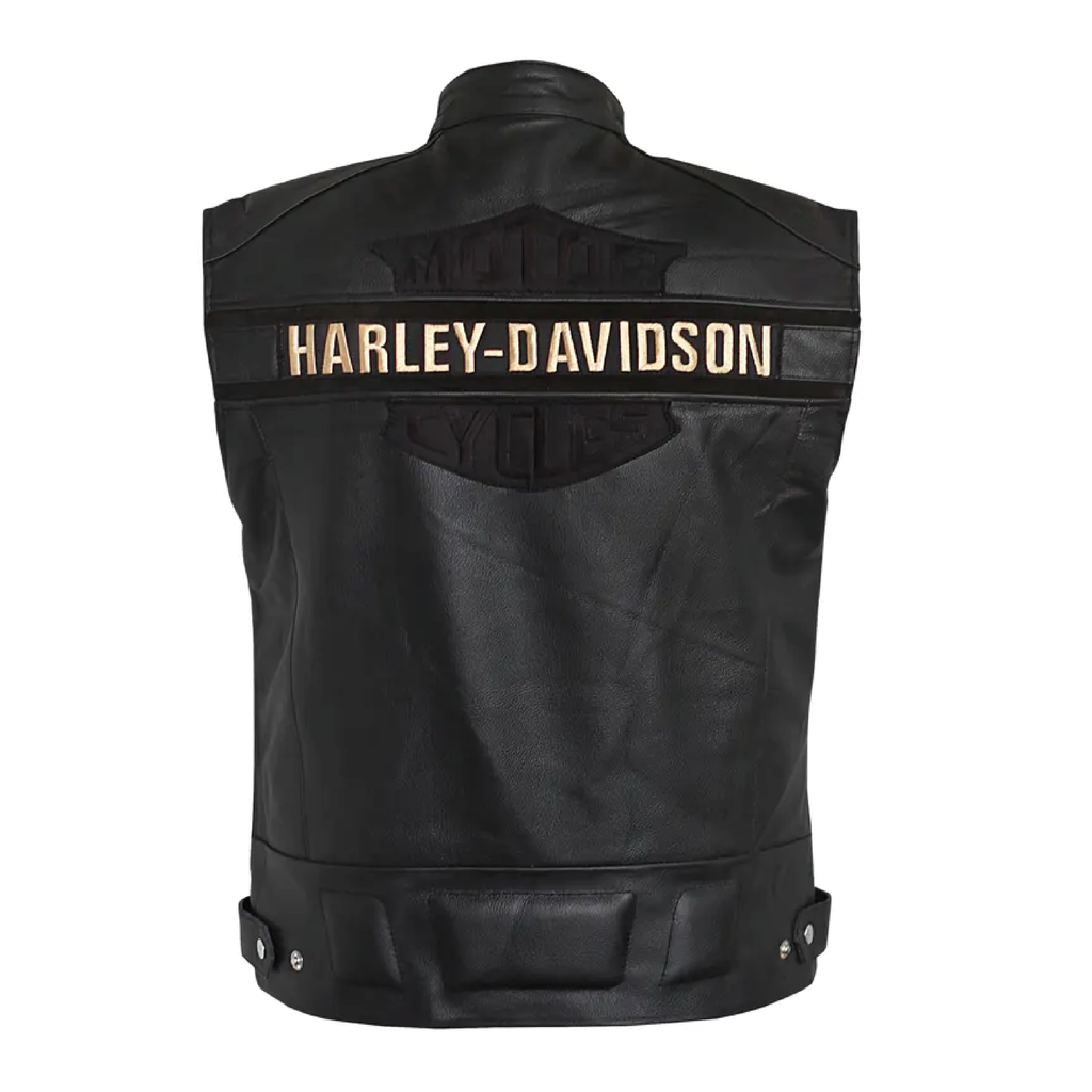 Men's black leather biker vest - back view