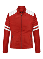 Crimson red leather jacket with white stripe panels - view 2