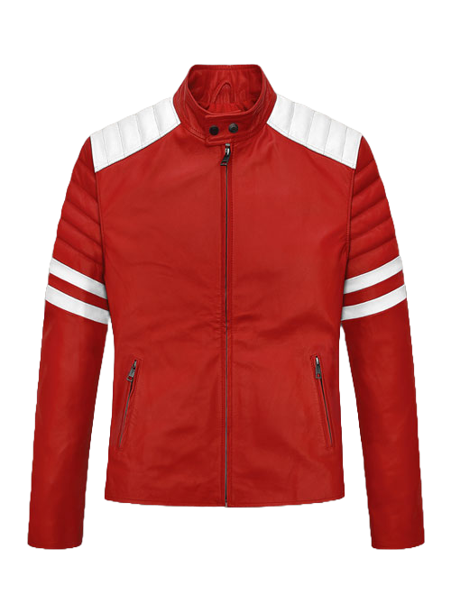 Crimson red leather jacket with white stripe panels - view 2