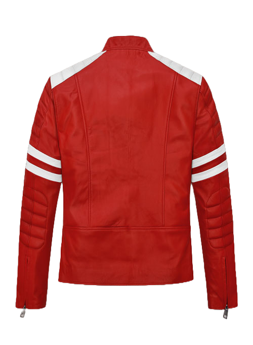 Crimson red leather jacket with white stripe panels - view 3
