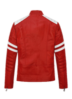 Crimson red leather jacket with white stripe panels - view 3