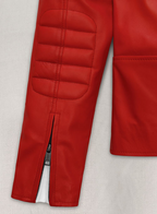 Crimson red leather jacket with white stripe panels - view 4