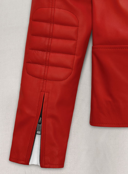 Crimson red leather jacket with white stripe panels - view 4