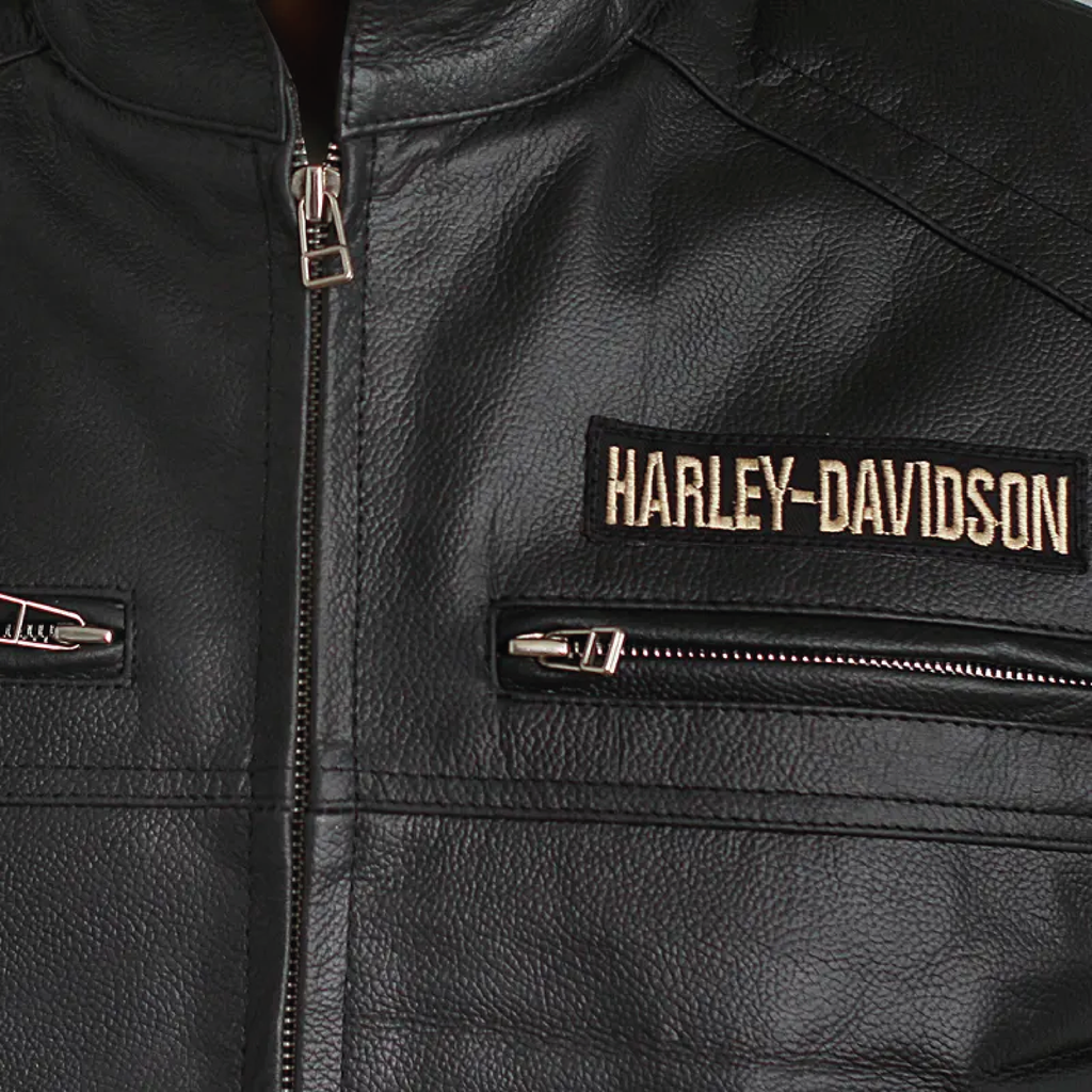 Men's black leather biker vest - close-up view 5
