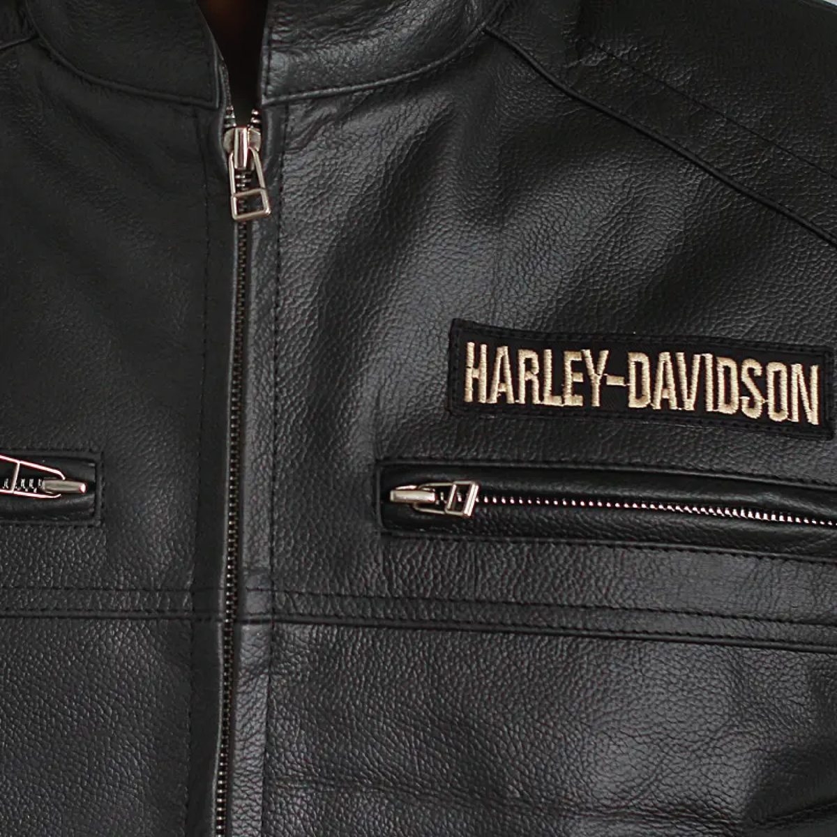 Men's black leather biker vest - close-up view 5