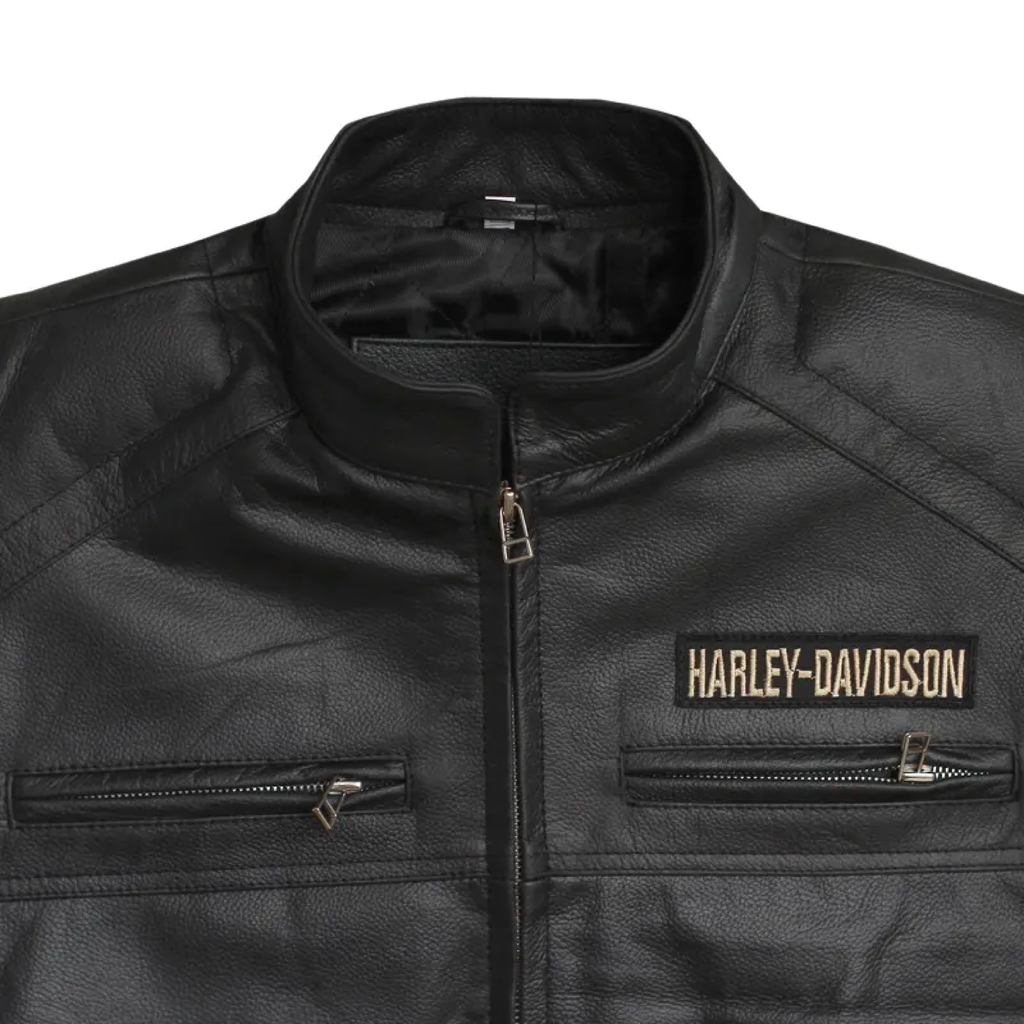 Men's black leather biker vest - close-up view 3
