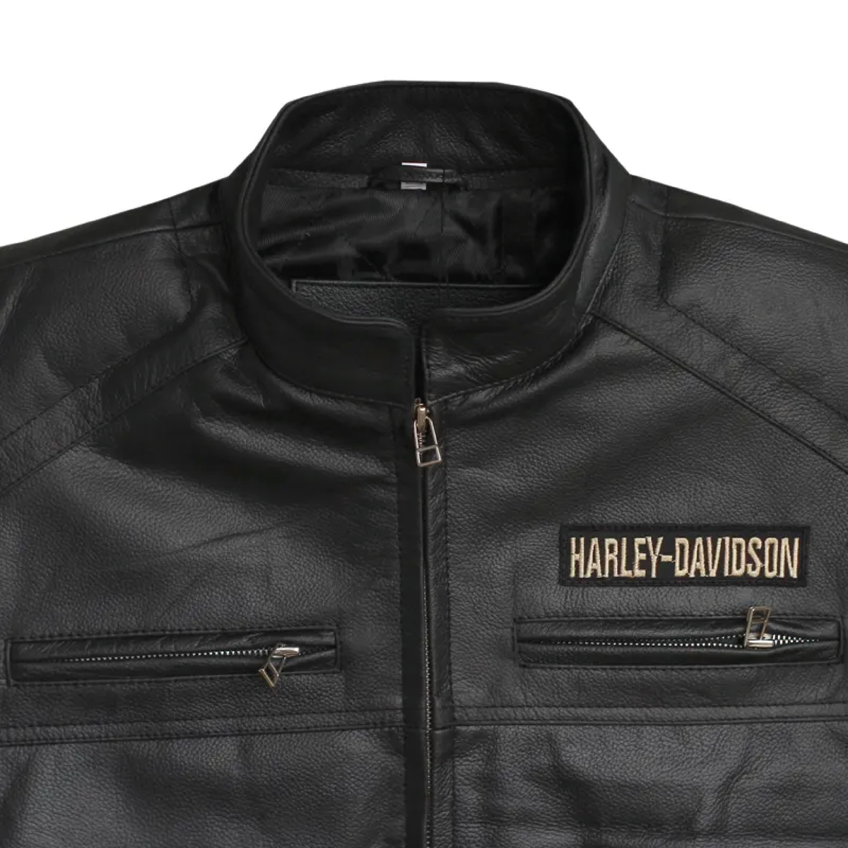 Men's black leather biker vest - close-up view 3