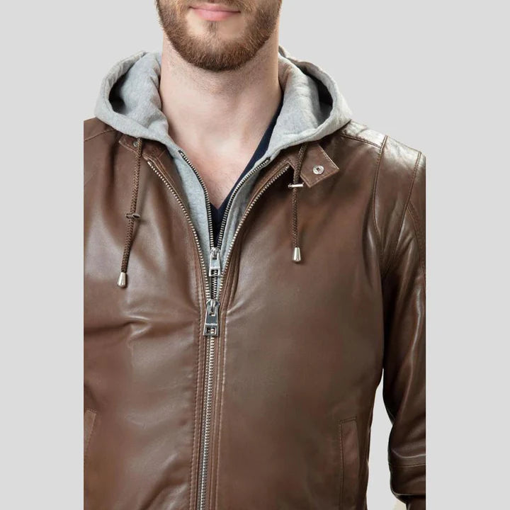 Brown lambskin leather bomber jacket - front close-up