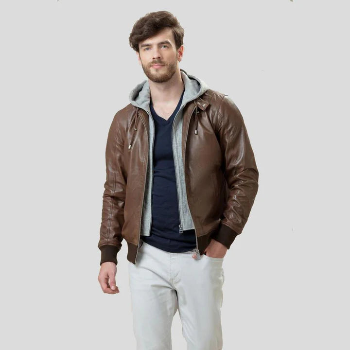 Brown lambskin leather bomber jacket - view 3