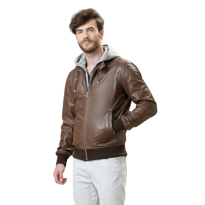 Brown lambskin leather bomber jacket - front view