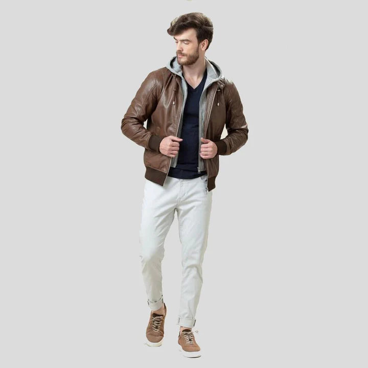Brown lambskin leather bomber jacket - view 4
